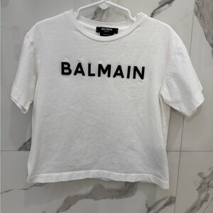 Balmain Kids White and Black Textured Logo T-Shirt Size 4